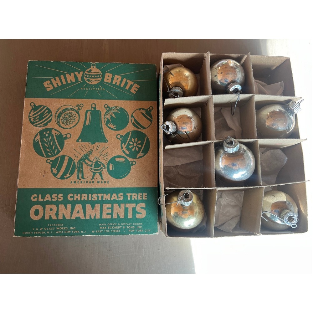 Shiny Brite Glass Christmas Ornaments 2" Silver Gold Vintage MCM Boxed Set 7pc